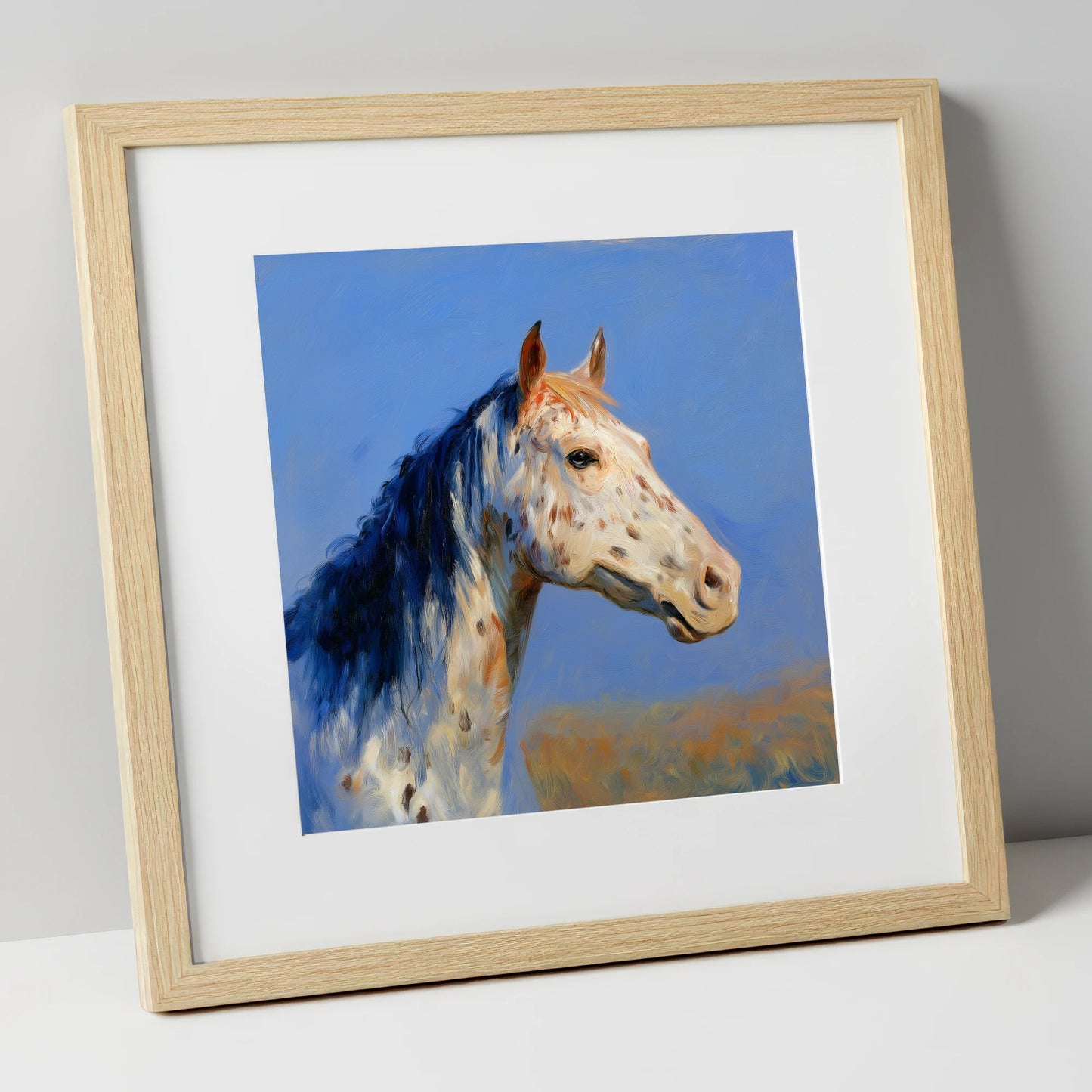 Azure Appaloosa Portrait horse breed art print in natural frame