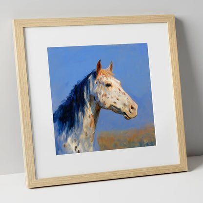 Azure Appaloosa Portrait horse breed art print in natural frame