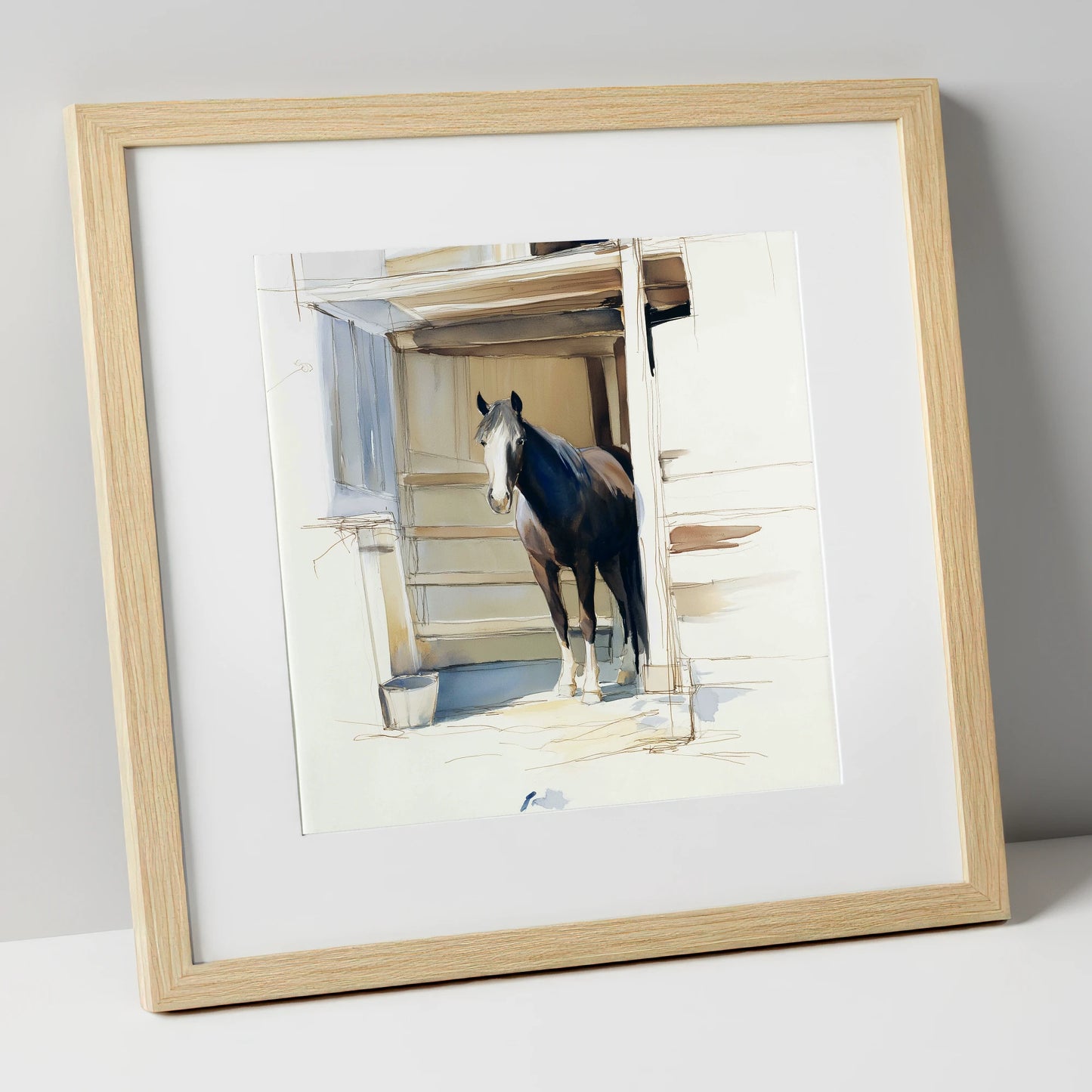 At the Stable Door horse stable art print in natural frame
