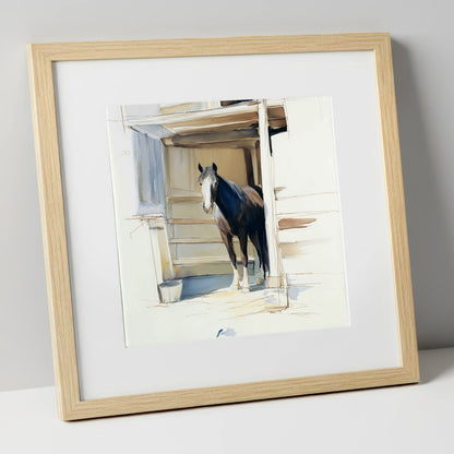 At the Stable Door horse stable art print in natural frame