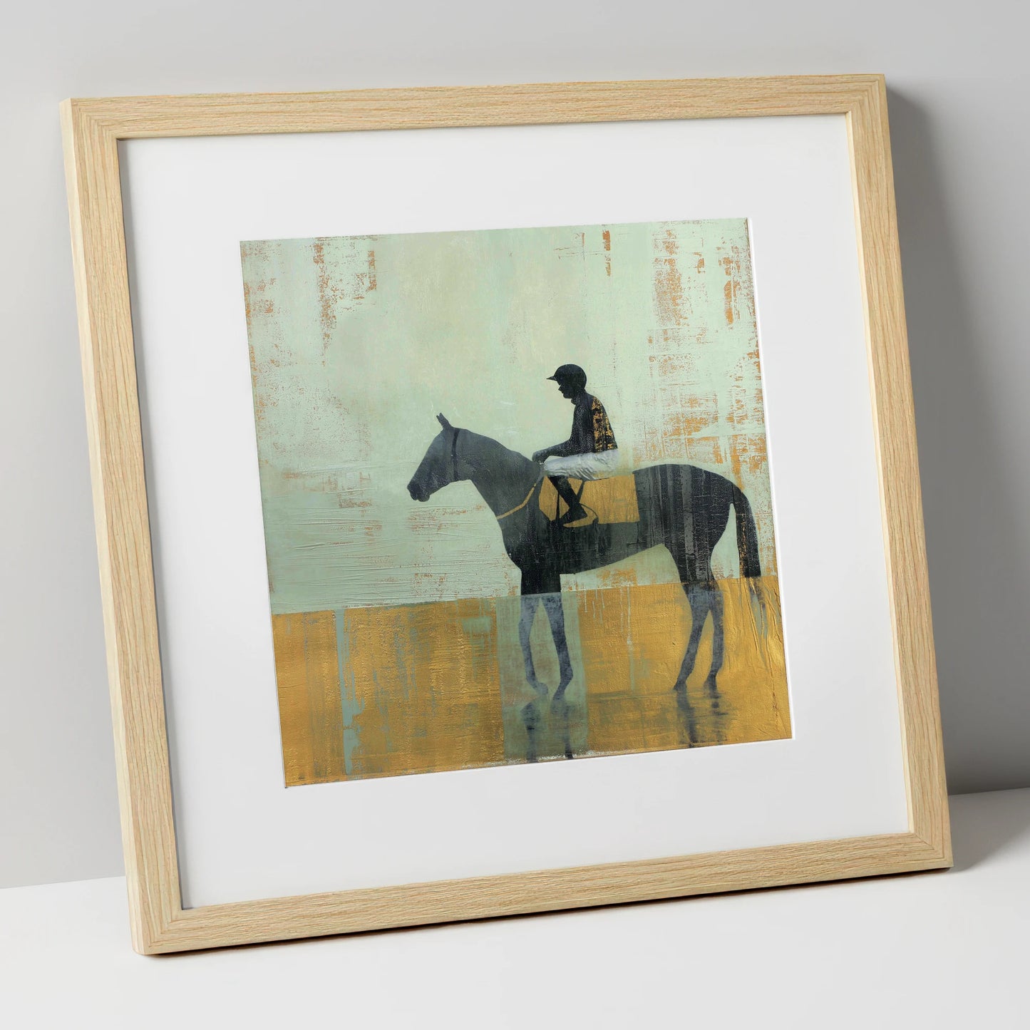 Golden Turf Reflections racing horse art print in natural frame