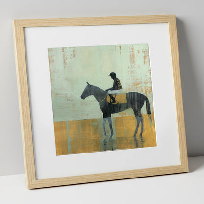 Golden Turf Reflections racing horse art print in natural frame