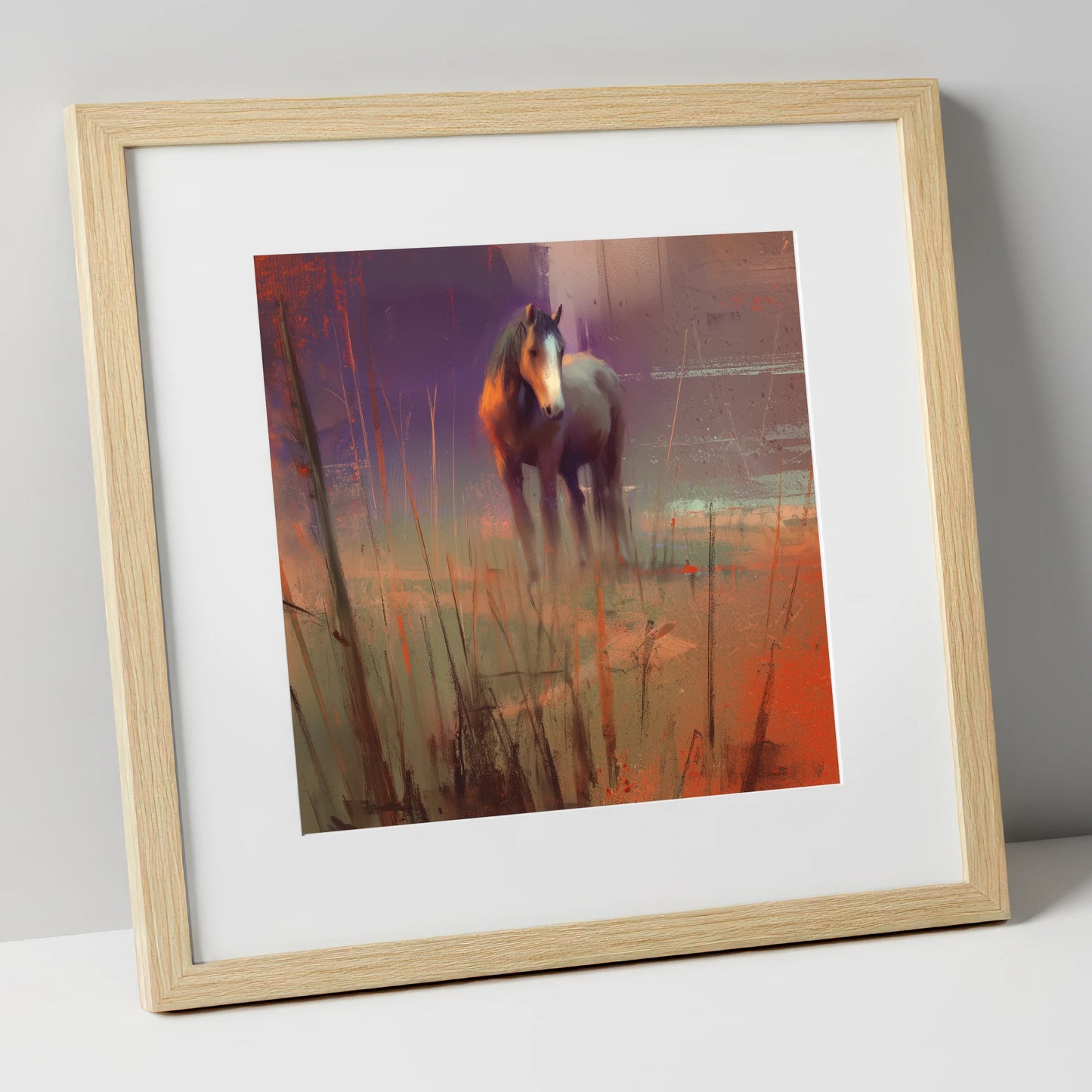 Violet Dawn Solitude horse landscape art print in natural frame