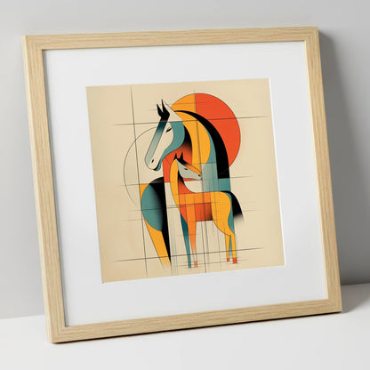 Geometric Equine Bond mare & foal art print in natural frame