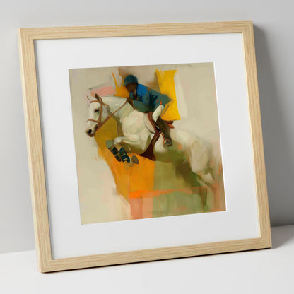 The Moment of Suspension show jumping horse art print in natural frame
