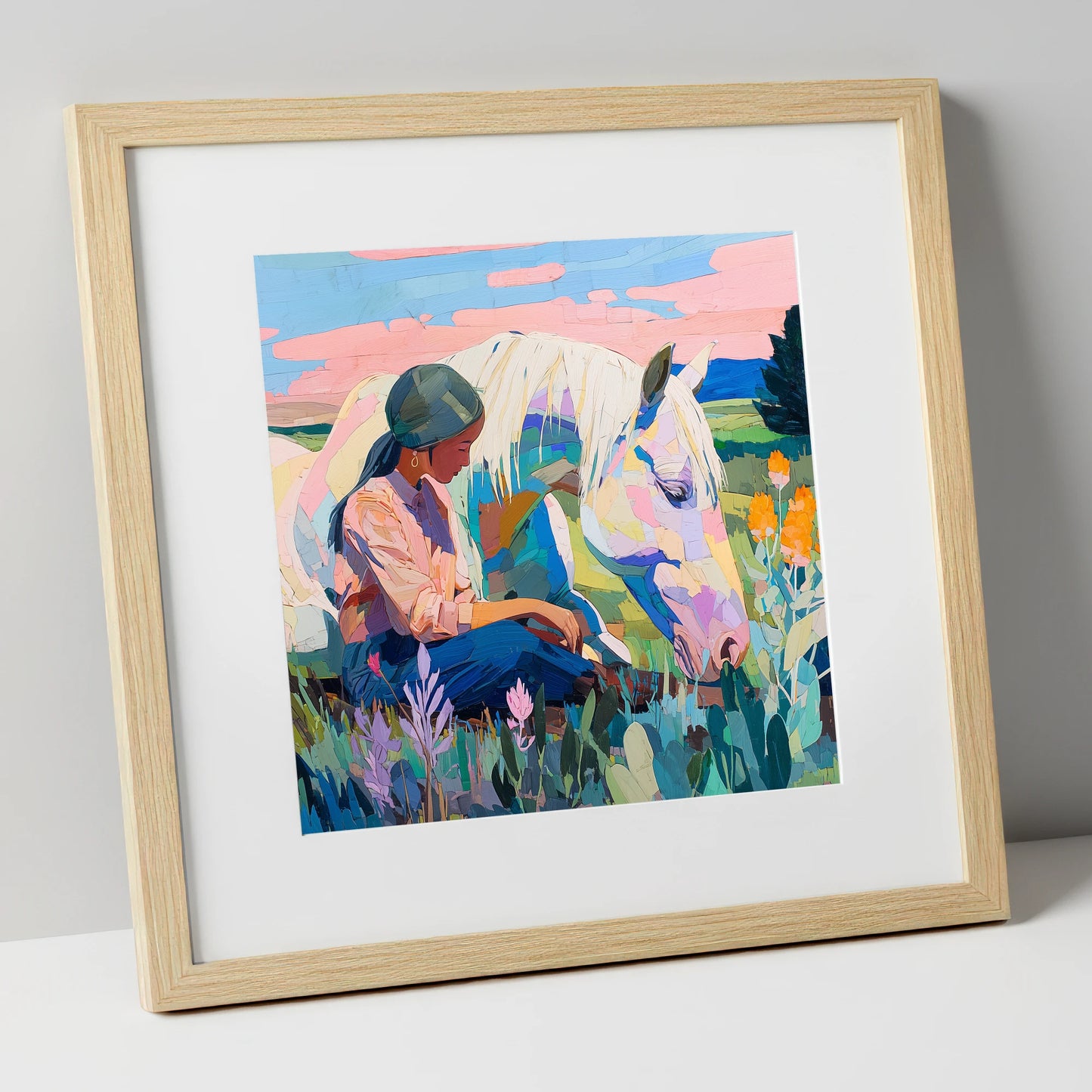 Quiet Summer Connection horse & rider art print in natural frame