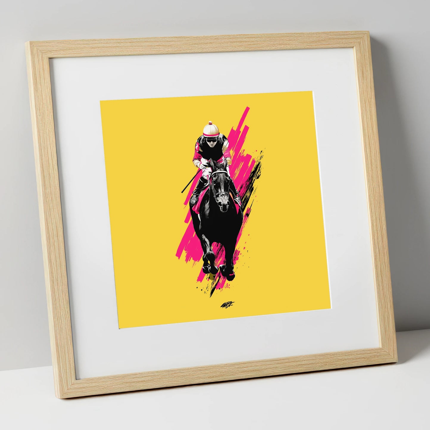 The Front Runner racing horse art print in natural frame