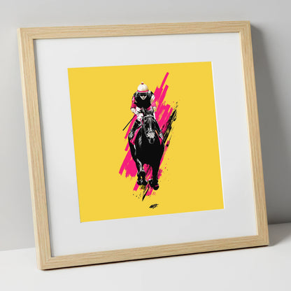 The Front Runner racing horse art print in natural frame