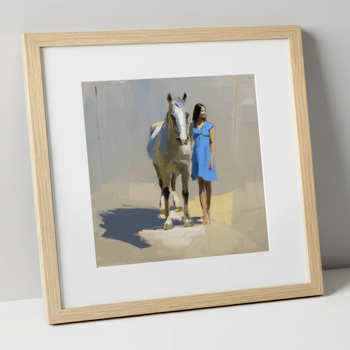 Sunlit Serenity horse & rider art print in natural frame
