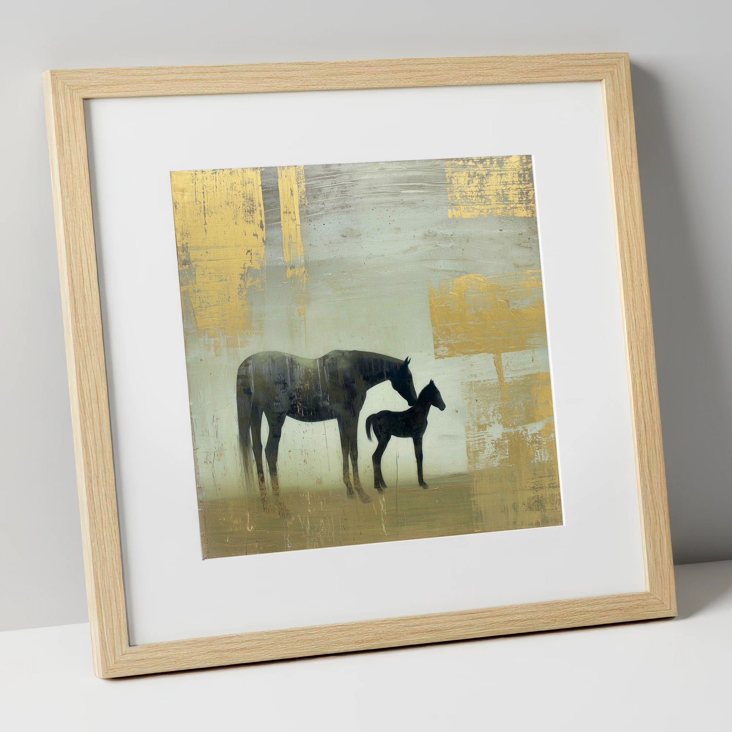 Gilded Maternal Bond mare & foal art print in natural frame