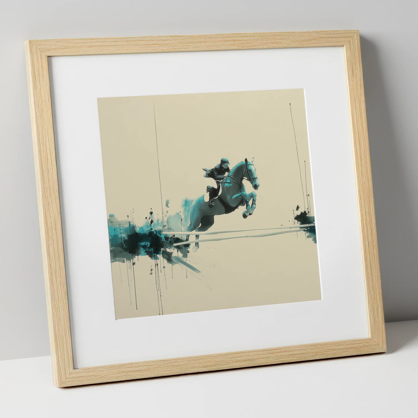 Airborne in Teal show jumping horse art print in natural frame