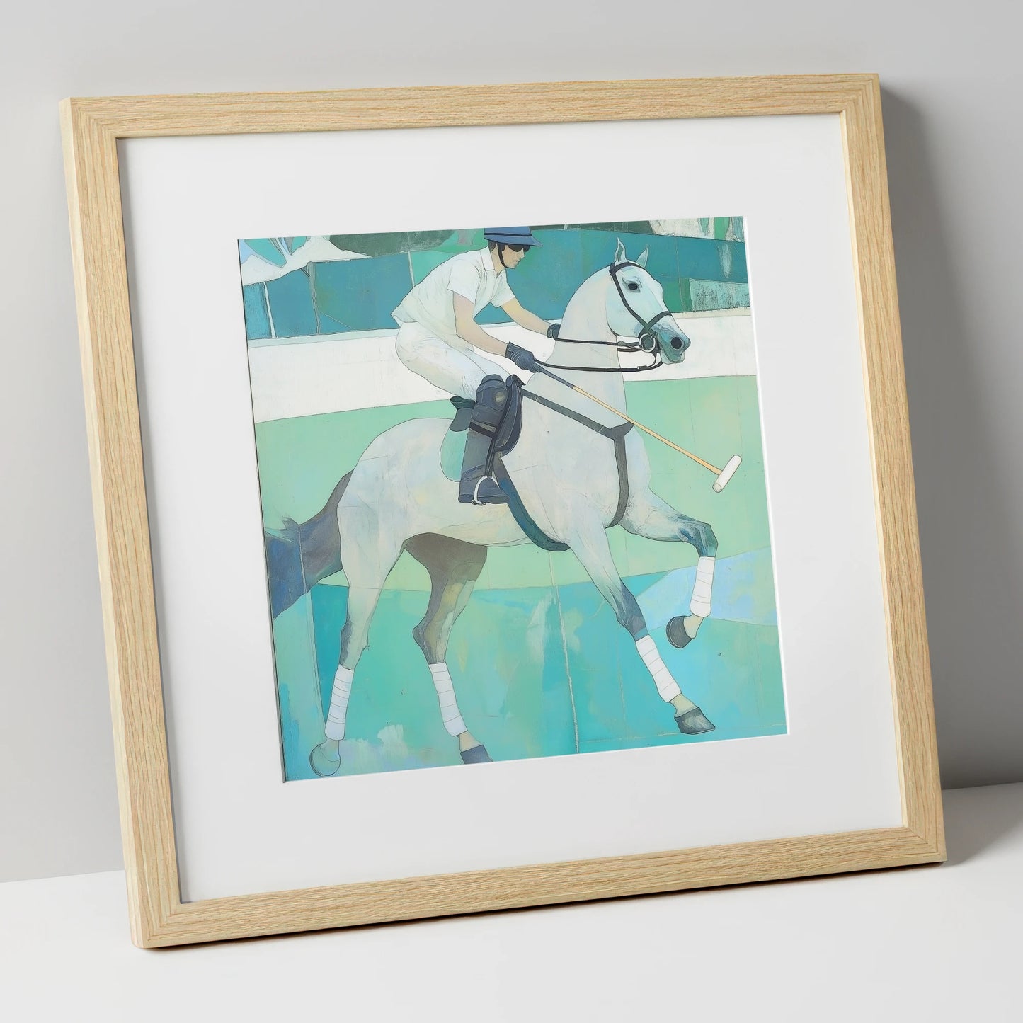 The Serene Chukka polo horse art print in natural frame