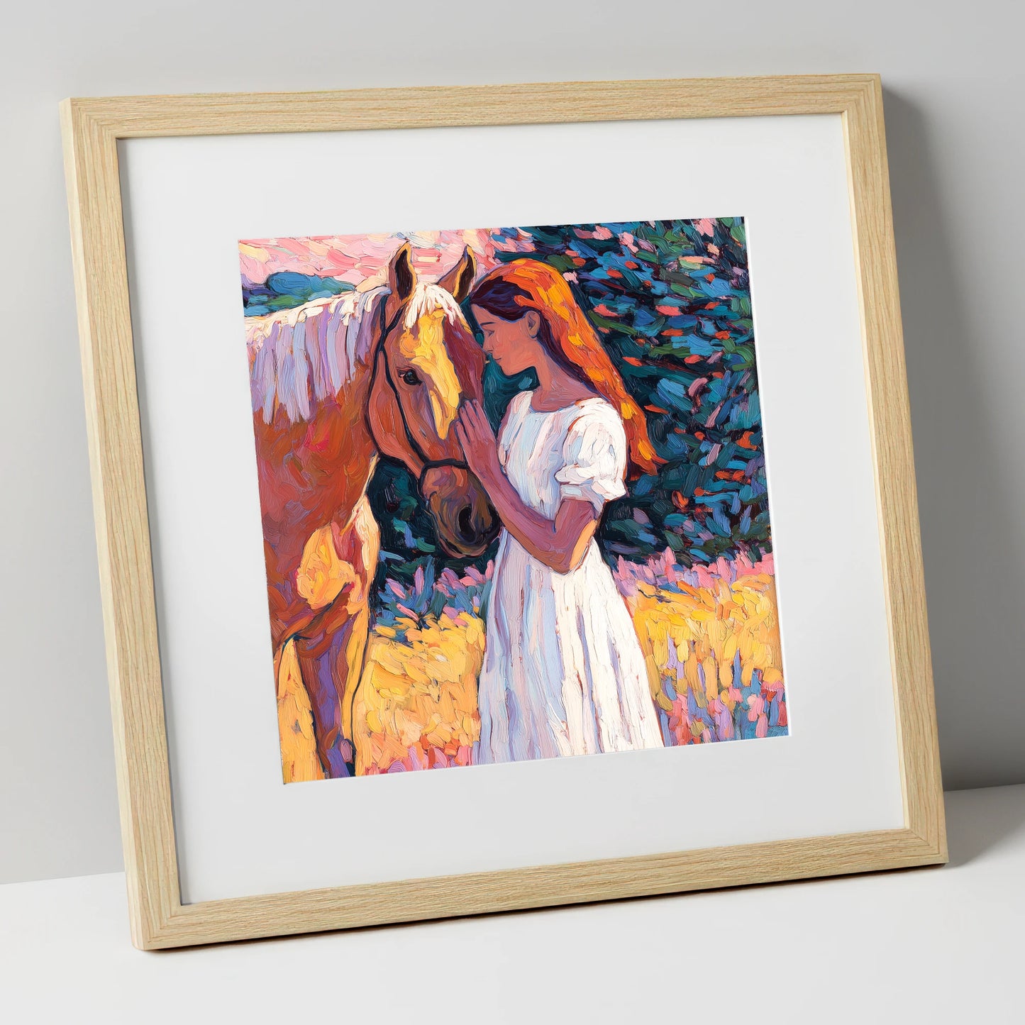 A Quiet Connection horse & rider art print in natural frame