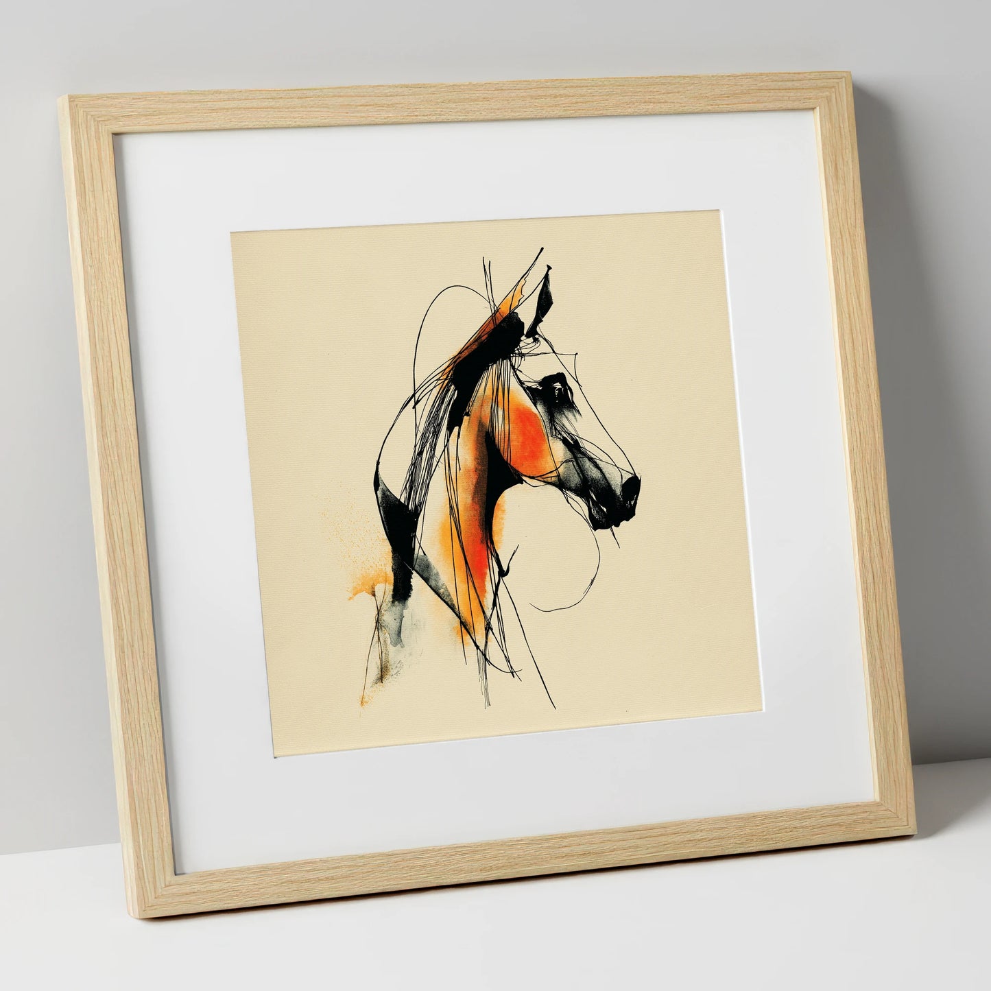 Dynamic Amber Profile horse breed art print in natural frame