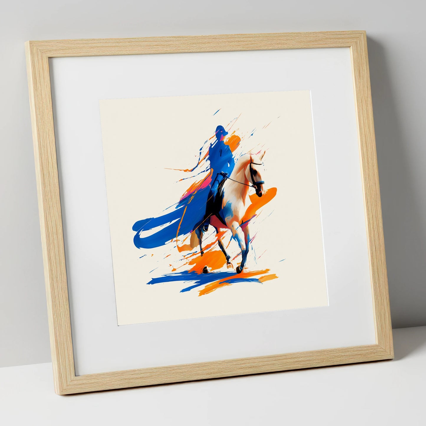 Cobalt Canter dressage horse art print in natural frame