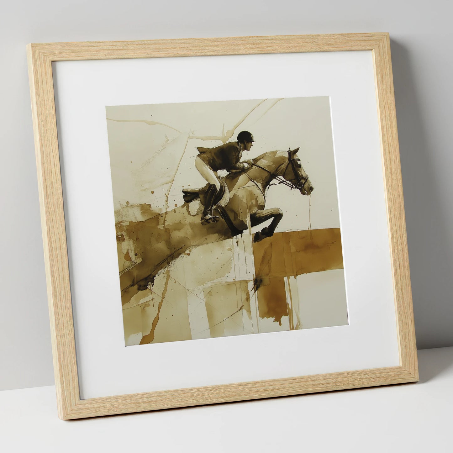 Fluidity in Flight show jumping horse art print in natural frame