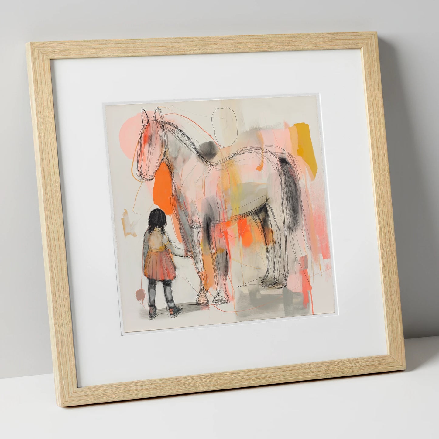 The Gentle Connection horse & rider art print in natural frame