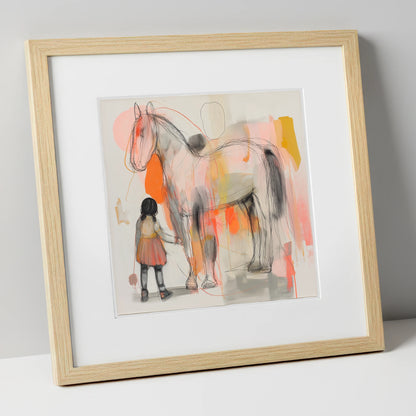 The Gentle Connection horse & rider art print in natural frame