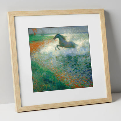 Luminous Surf Canter beach horse art print in natural frame