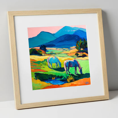 Painted Valley Grazing horse landscape art print in natural frame