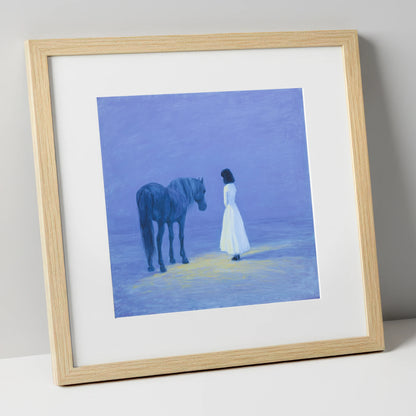 The Quiet Meeting horse & rider art print in natural frame