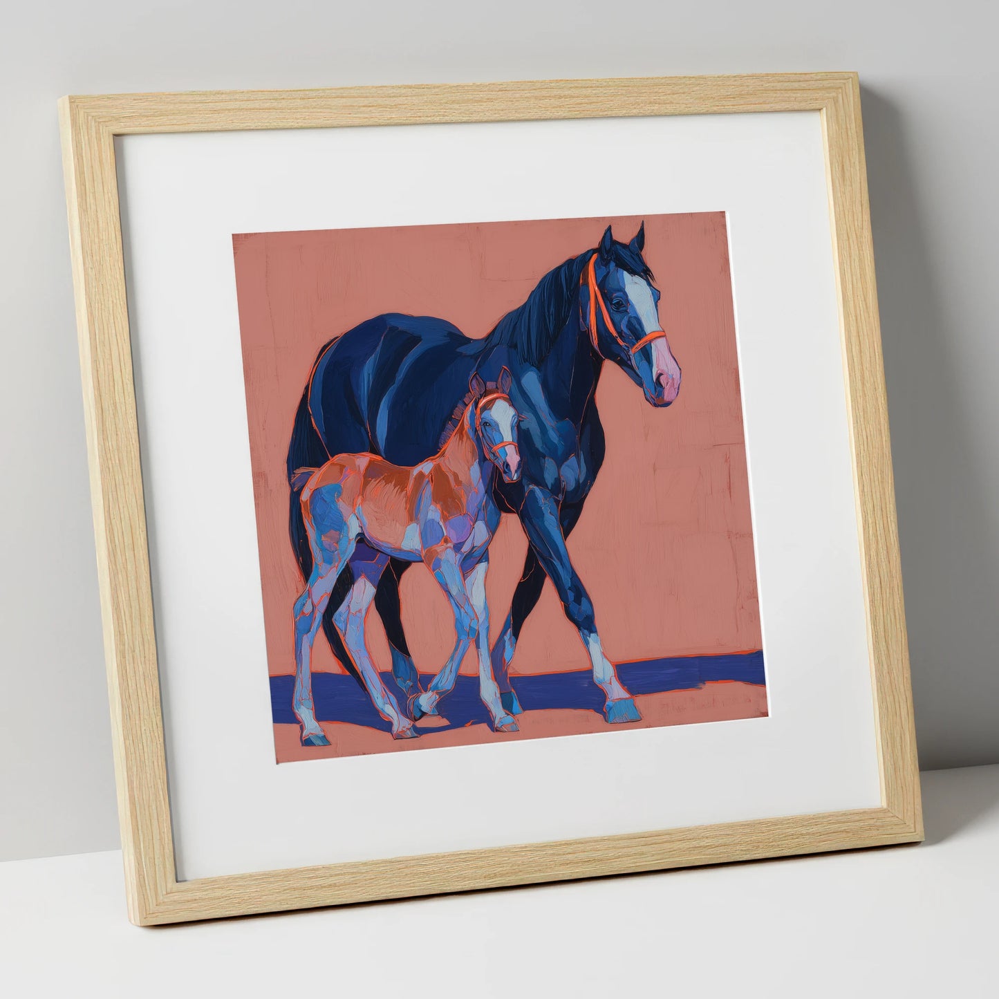 Bold Beginnings mare & foal art print in natural frame