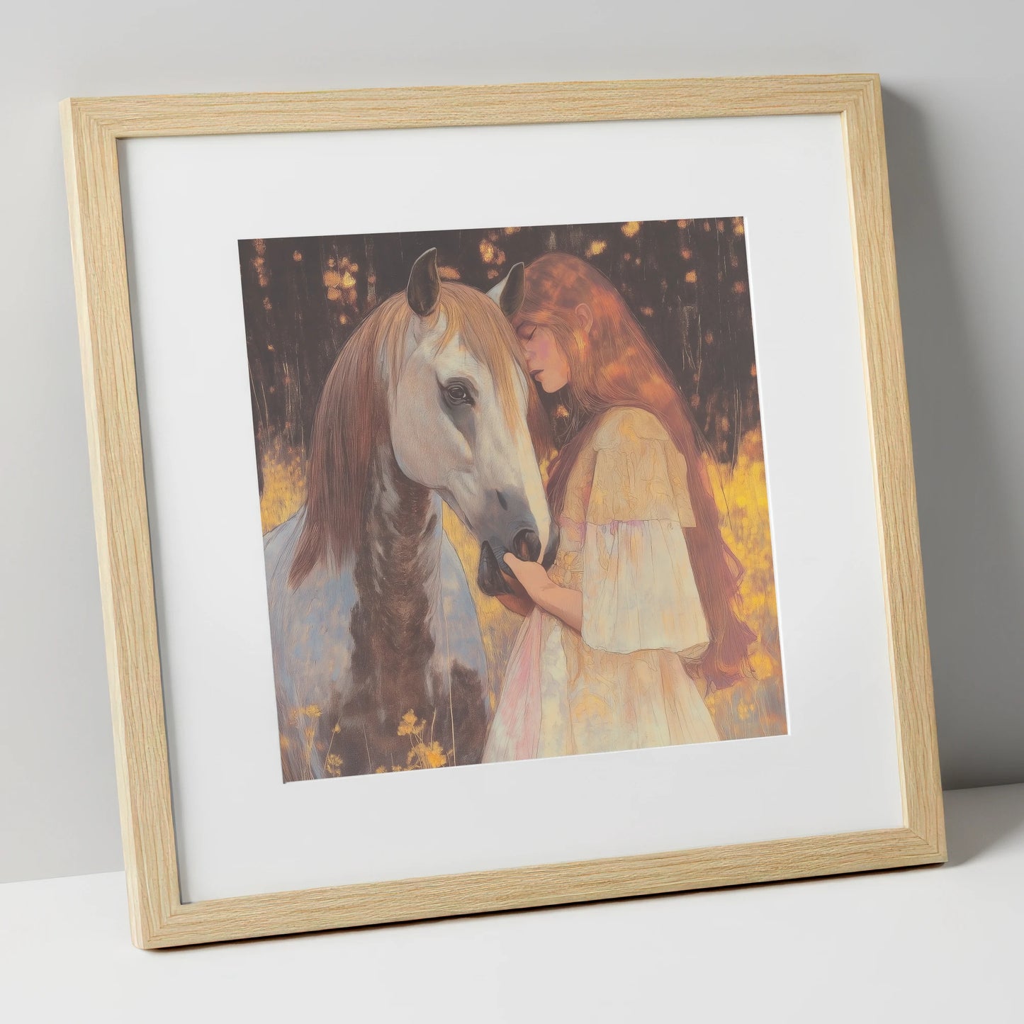 Ethereal Connection horse & rider art print in natural frame