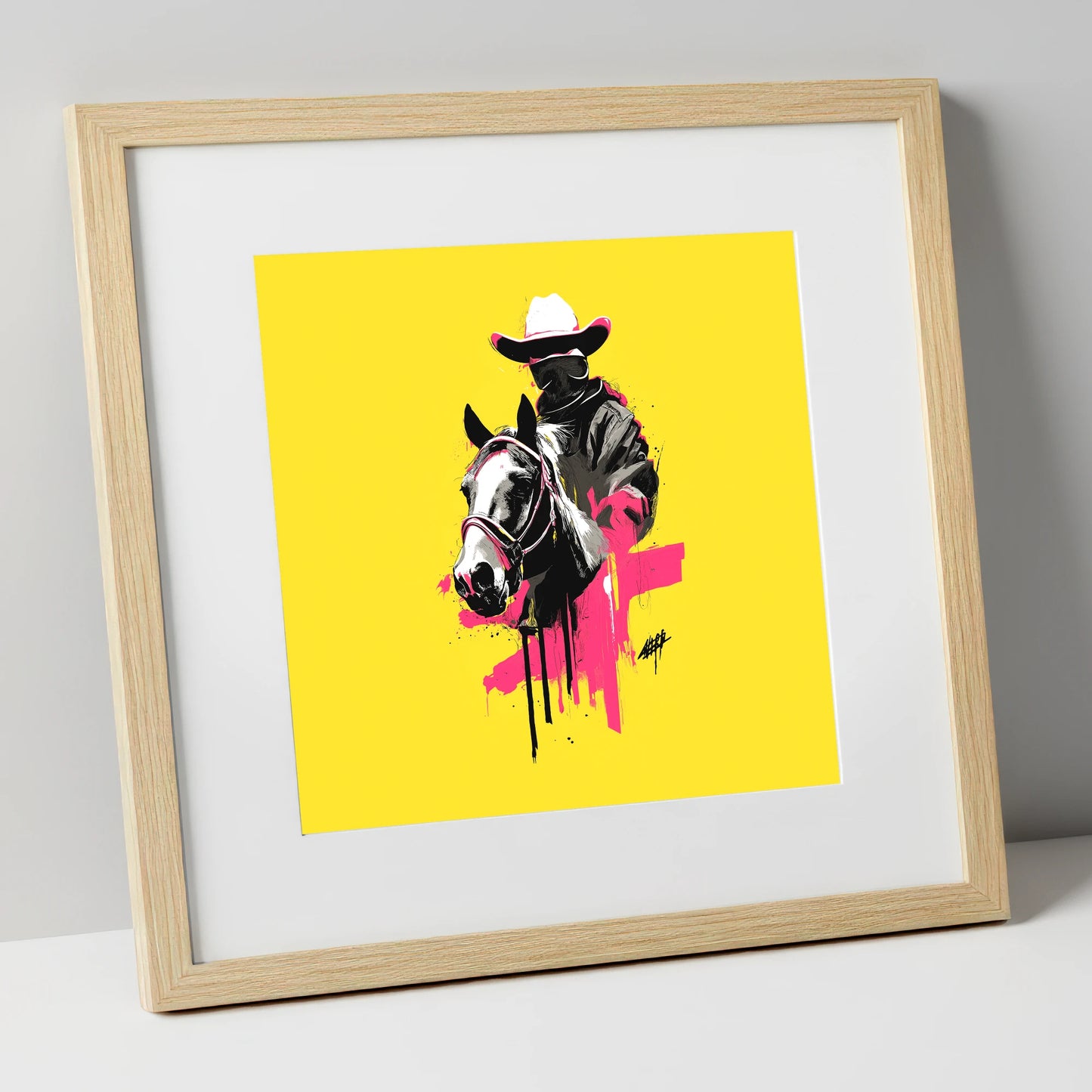 Magenta Western Rider western horse art print in natural frame