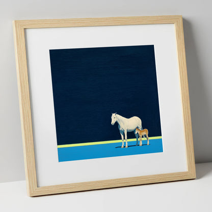 Midnight Horizon Mare And Foal mare & foal art print in natural frame