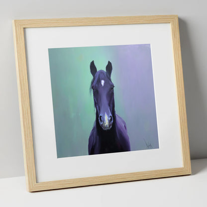 The Violet Gaze horse portrait art print in natural frame