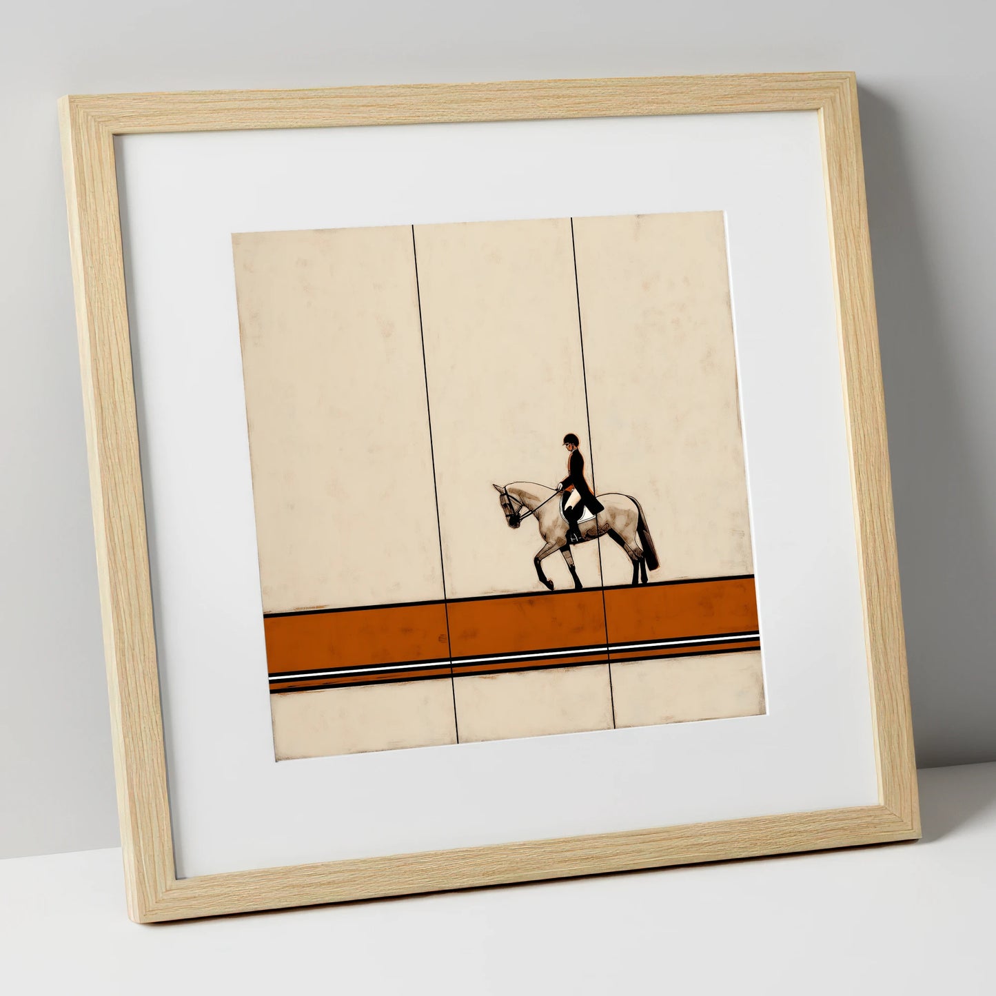 Modern Dressage Silhouette dressage horse art print in natural frame