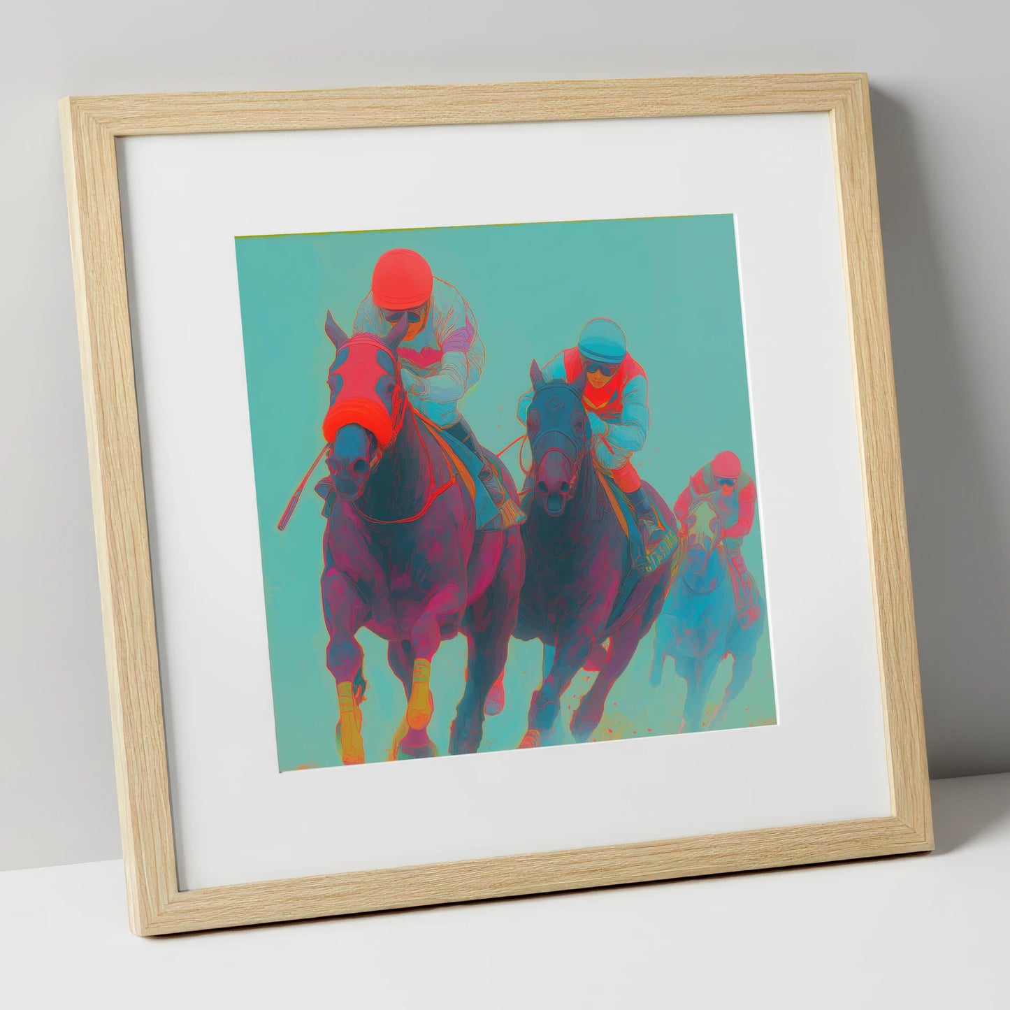 Electric Homestretch racing horse art print in natural frame