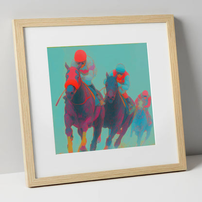 Electric Homestretch racing horse art print in natural frame