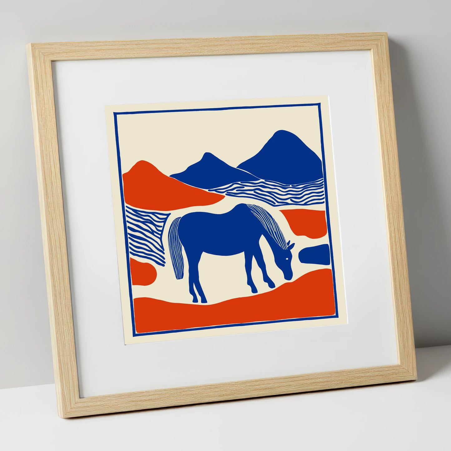 Cobalt Pastures horse landscape art print in natural frame