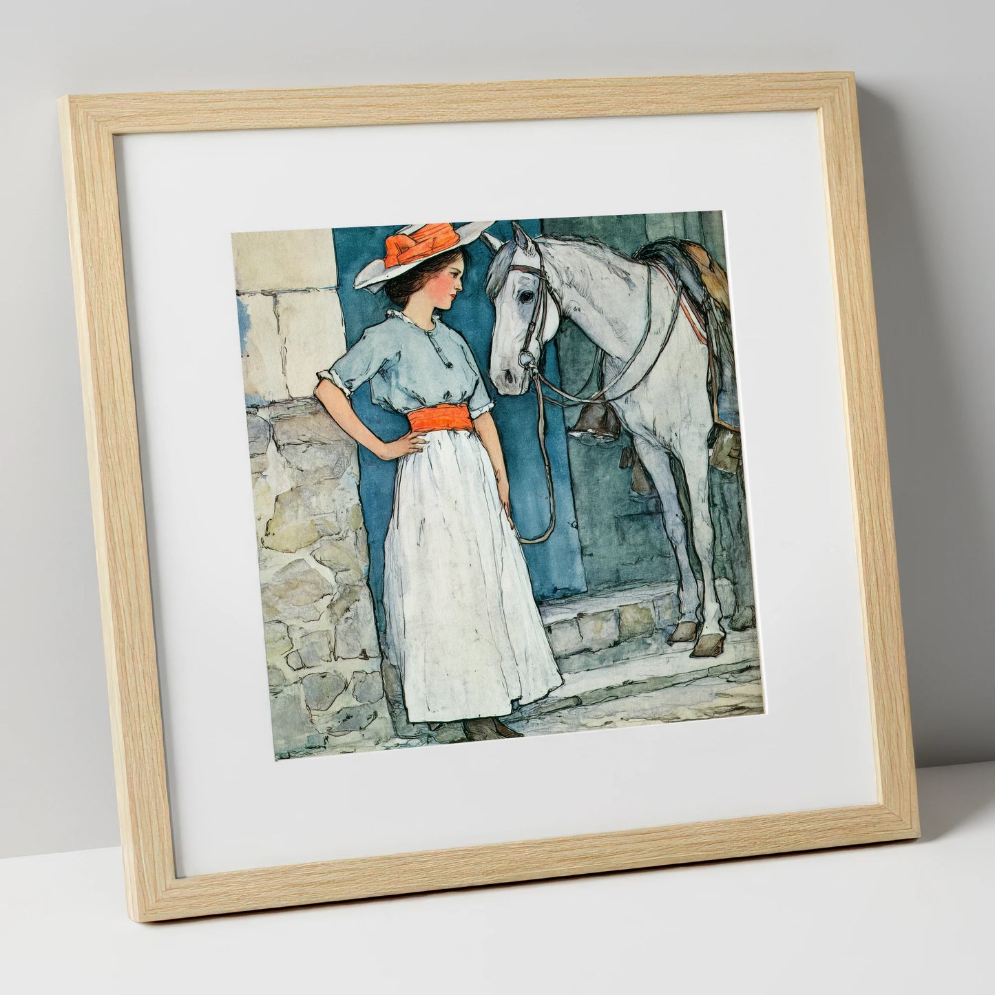 A Patient Companion horse & rider art print in natural frame