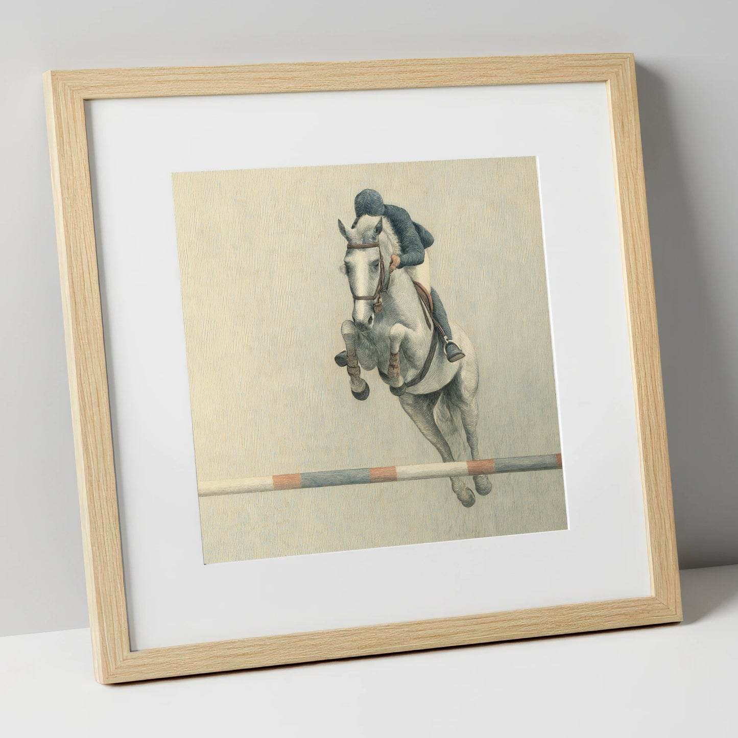 Suspended Flight show jumping horse art print in natural frame