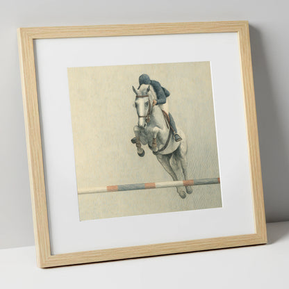 Suspended Flight show jumping horse art print in natural frame