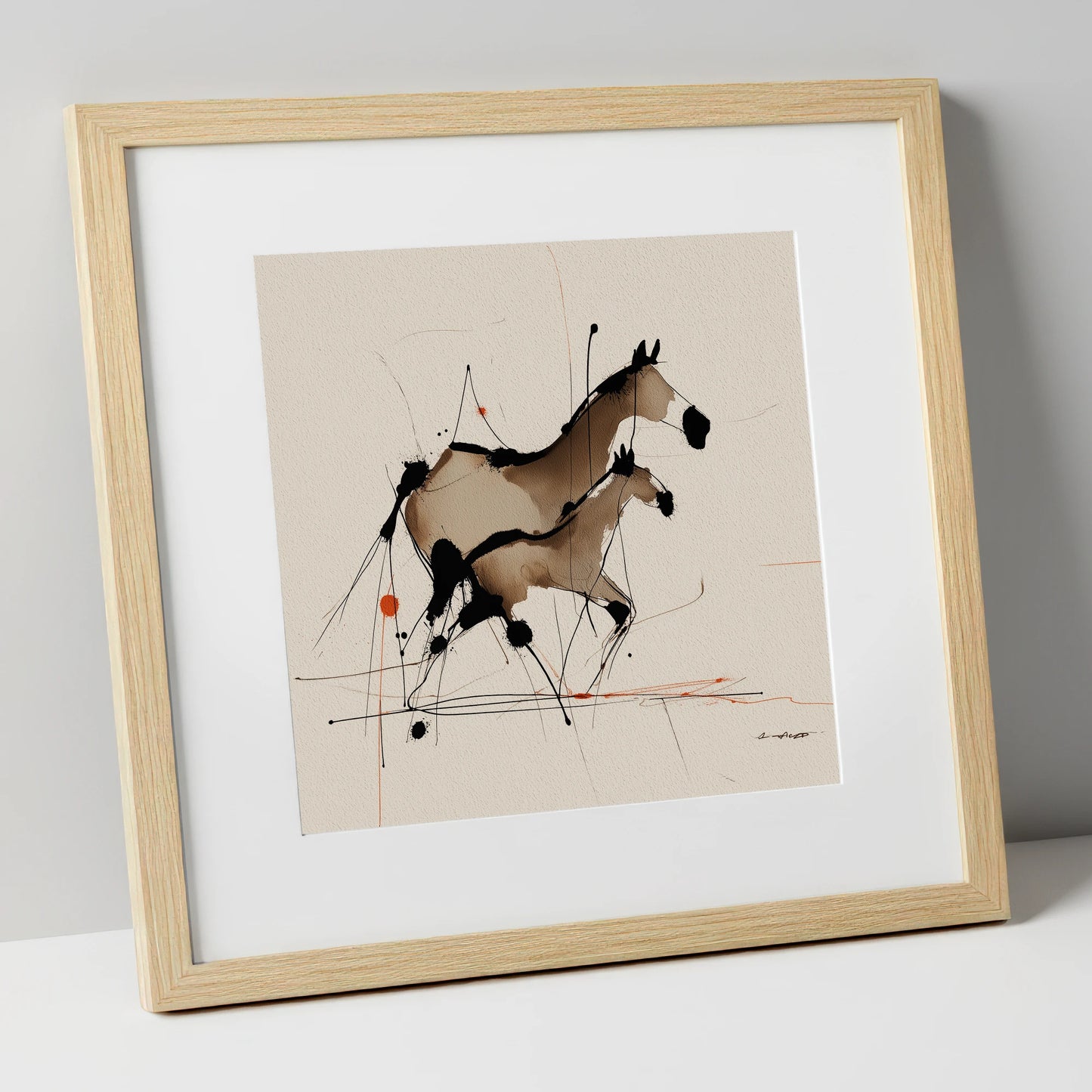 Sepia Shadows mare & foal art print in natural frame