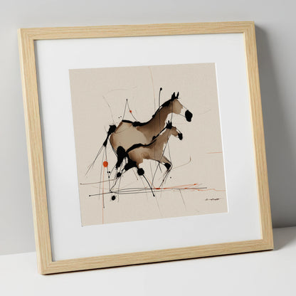 Sepia Shadows mare & foal art print in natural frame
