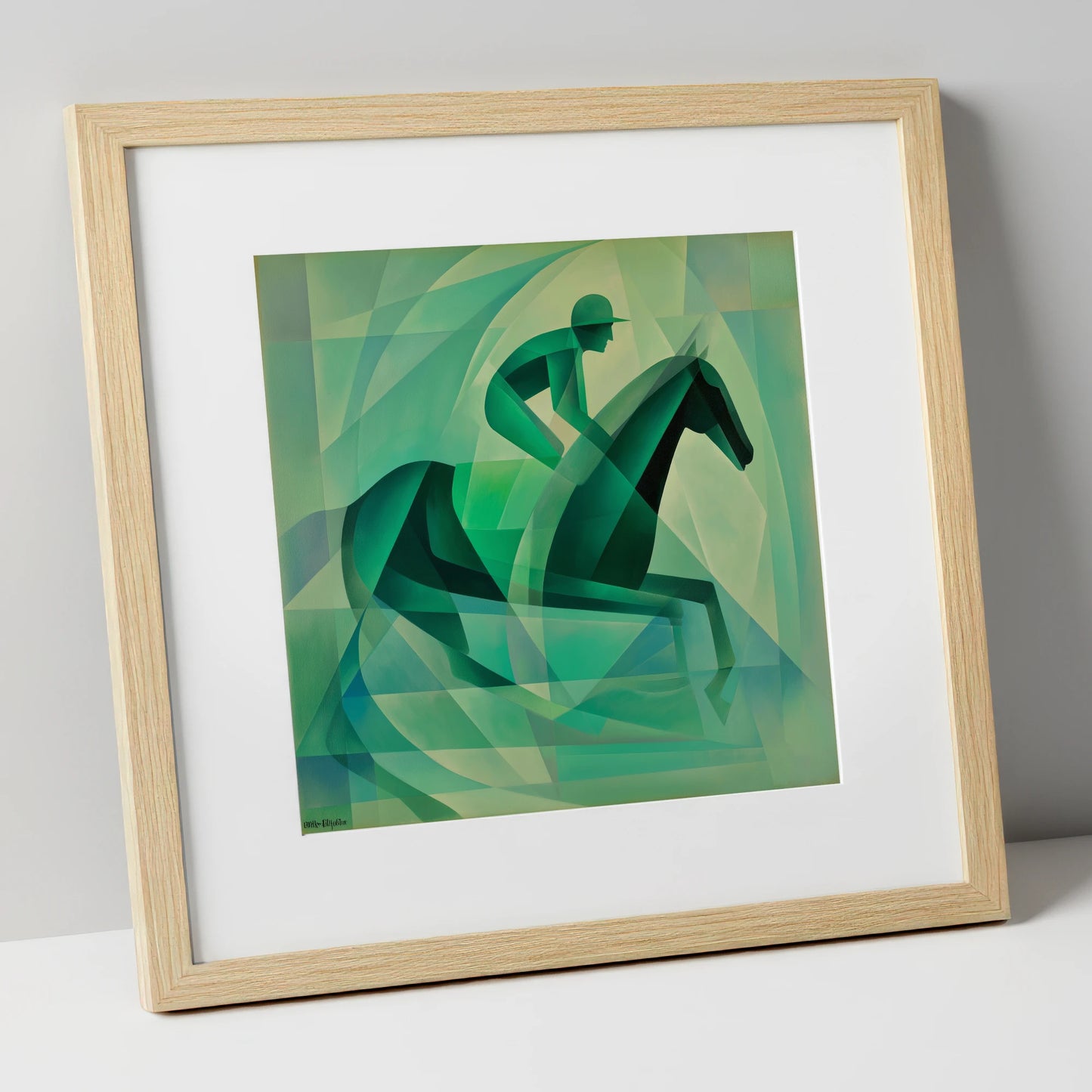 Verdant Stride racing horse art print in natural frame