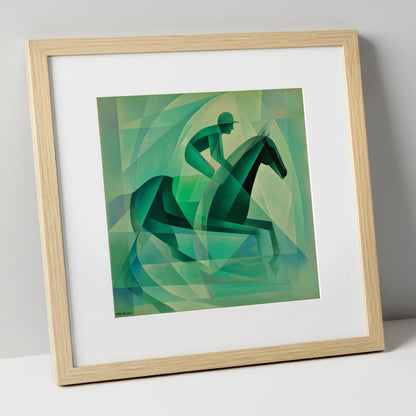 Verdant Stride racing horse art print in natural frame