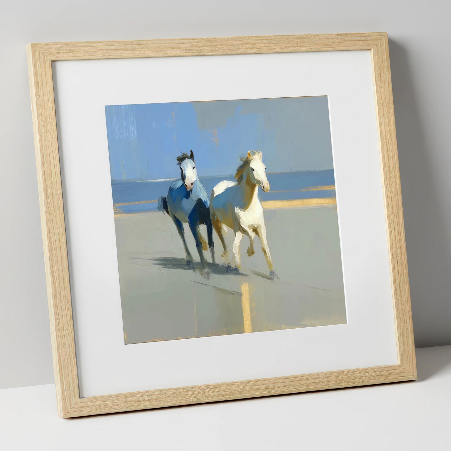 Sunlit Coastal Canter wild horses art print in natural frame