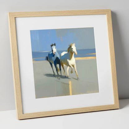 Sunlit Coastal Canter wild horses art print in natural frame