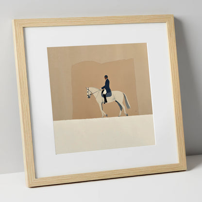 The Collected Grey dressage horse art print in natural frame