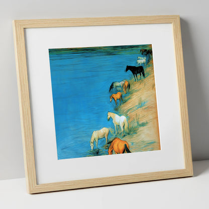 Cerulean River Herd wild horses art print in natural frame