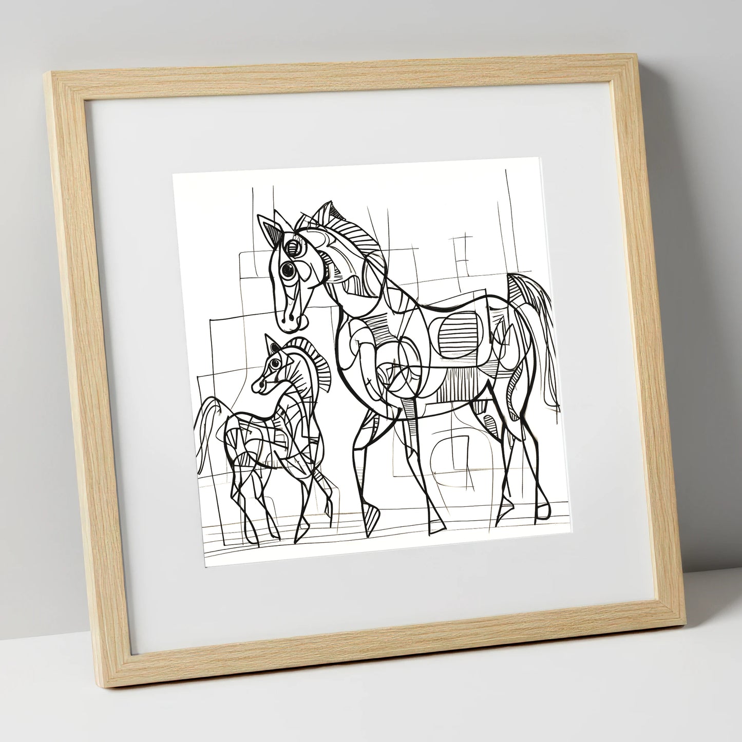 Linear Connection mare & foal art print in natural frame