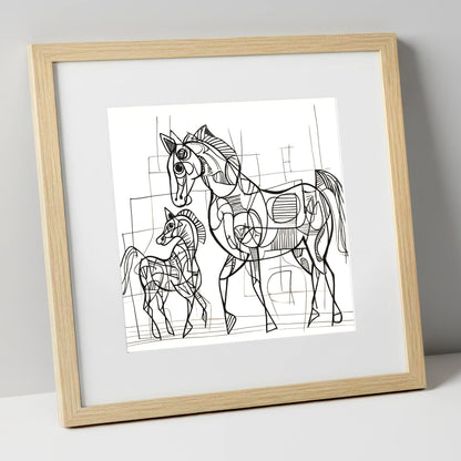 Linear Connection mare & foal art print in natural frame