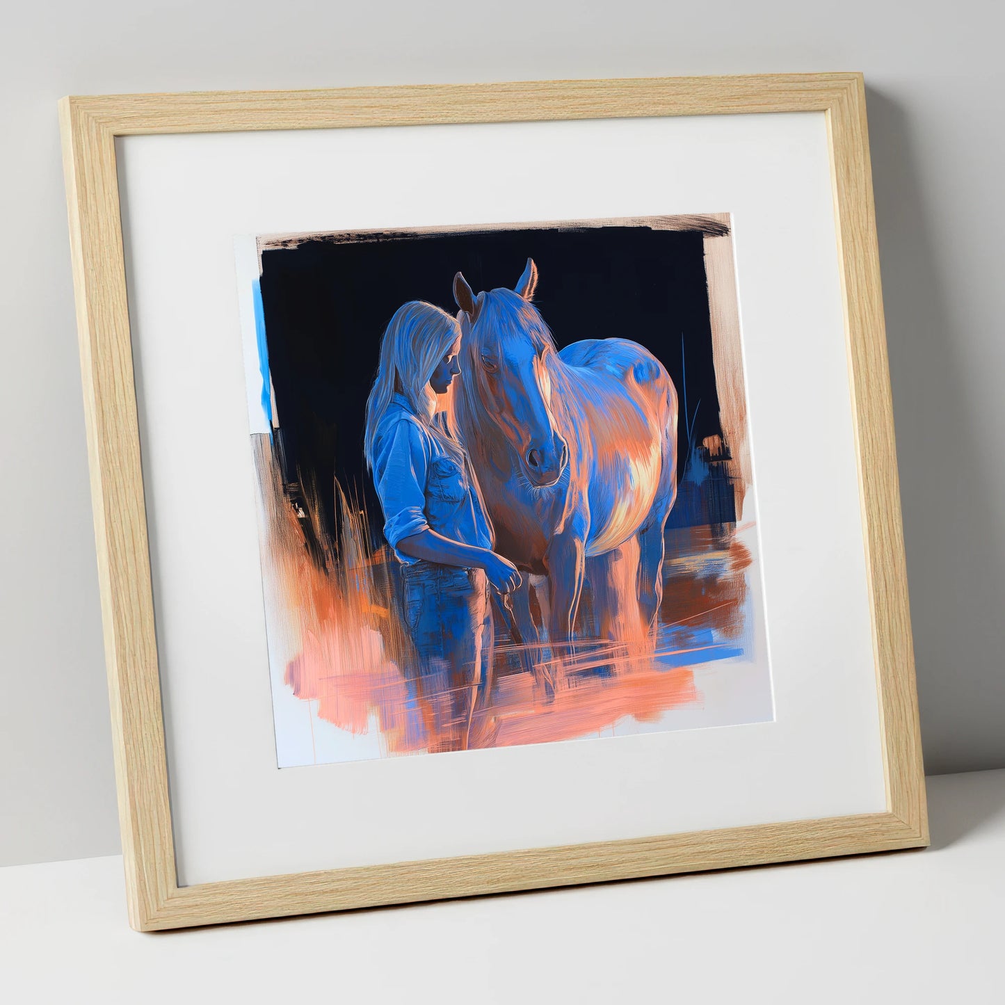 A Quiet Understanding horse & rider art print in natural frame