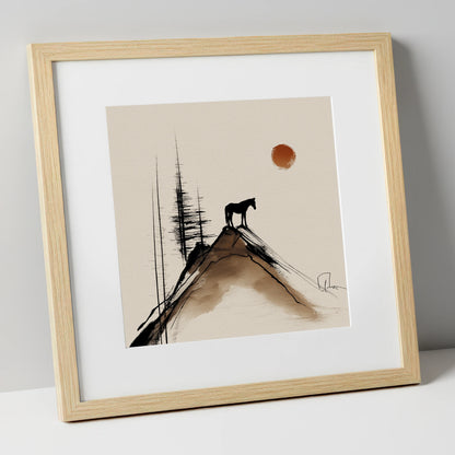 The Mountain Sentinel horse landscape art print in natural frame