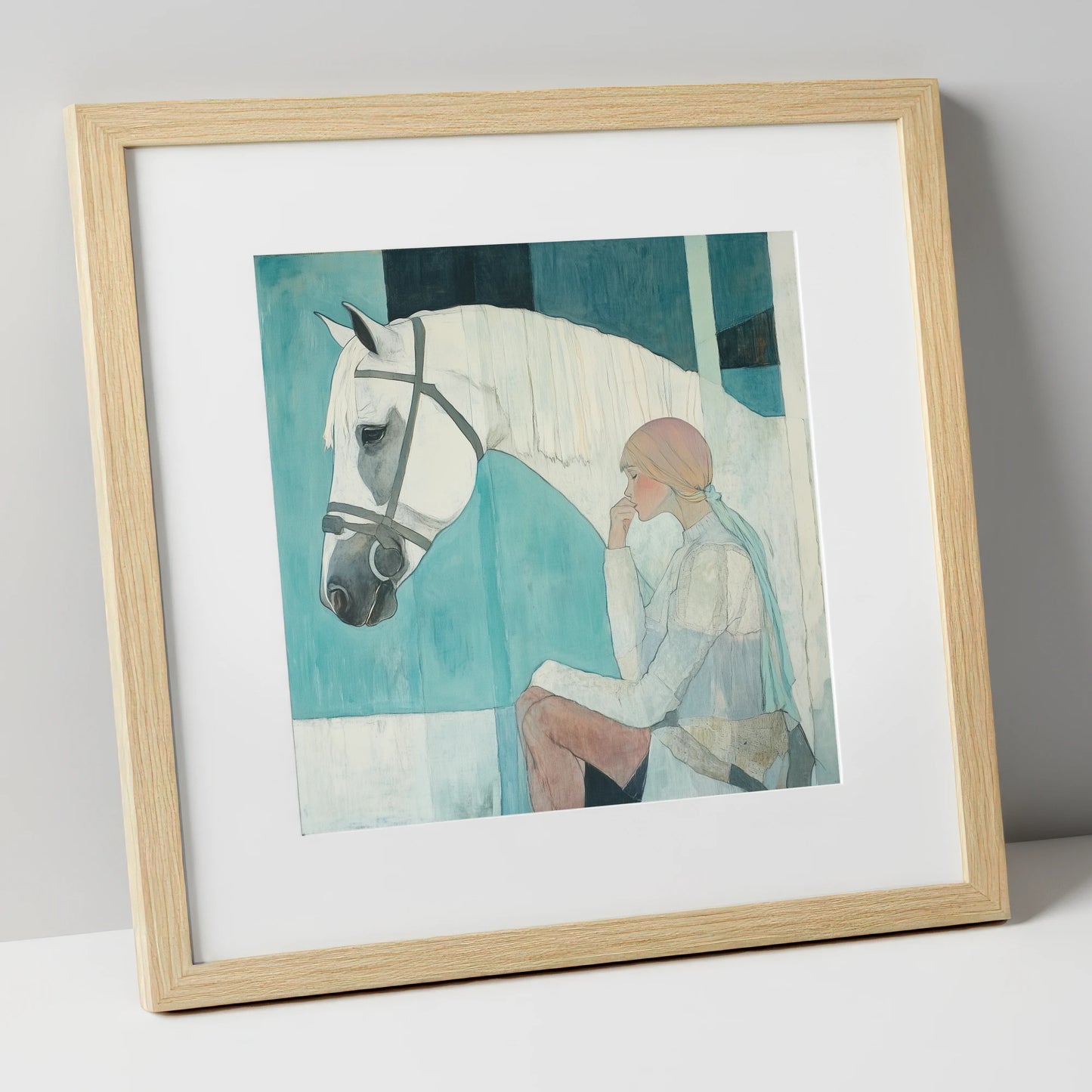 Quiet Contemplation horse & rider art print in natural frame